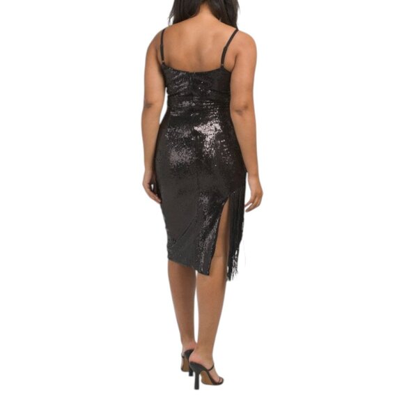 Dress the Population Sequin Midi Sheath Dress with Fringe Black Size XS New - Picture 2 of 2